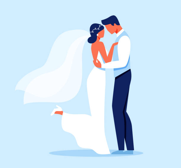 Bride and Groom Characters Hugging, Young Lady in White Wedding Dress Standing Together with Man in Festive Classic Suit Isolated on Blue Background, Wedding Ceremony Cartoon Flat Vector Illustration.