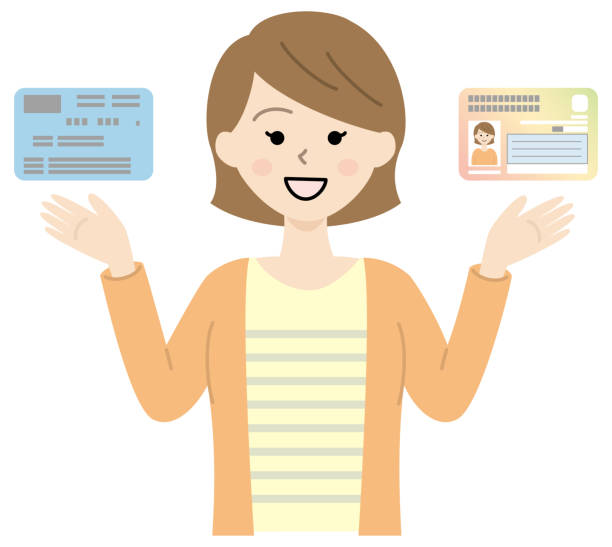 Illustration of a smiling young woman holding my Japanese number card and insurance card