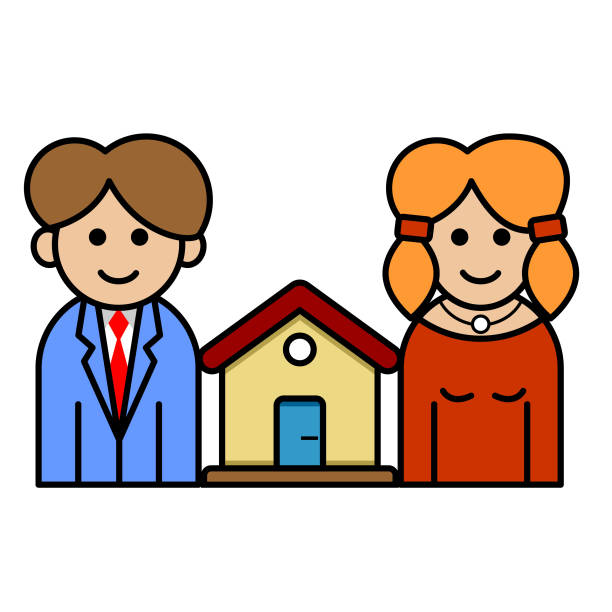 Man, woman and home icon. Colorful line art cartoon style, editable vector file on transparent background.